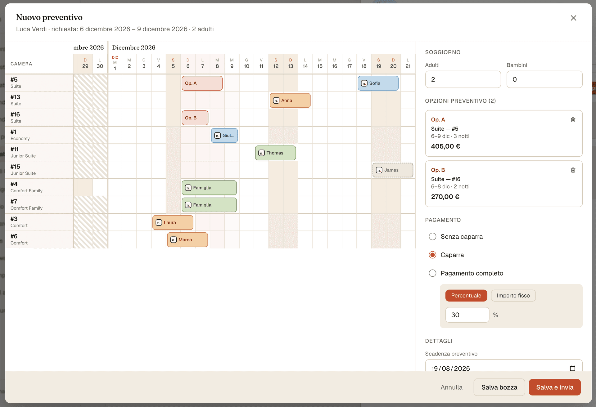 La creazione di un preventivo in Nagevo: due opzioni di camera messe a confronto sul calendario, con i prezzi, la caparra in percentuale e la data di scadenza della proposta.