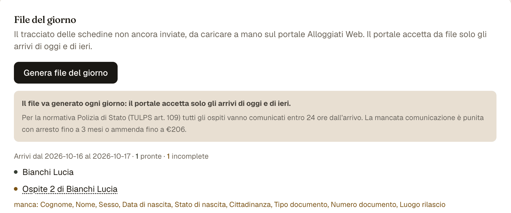 Il file del giorno della pagina Questura: il bottone per generare il tracciato di Alloggiati Web, e gli arrivi coi dati che mancano.
