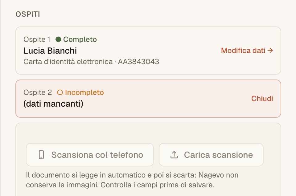 Il riquadro Ospiti di una prenotazione: i bottoni «Scansiona col telefono» e «Carica scansione», e la nota che Nagevo non conserva le immagini.